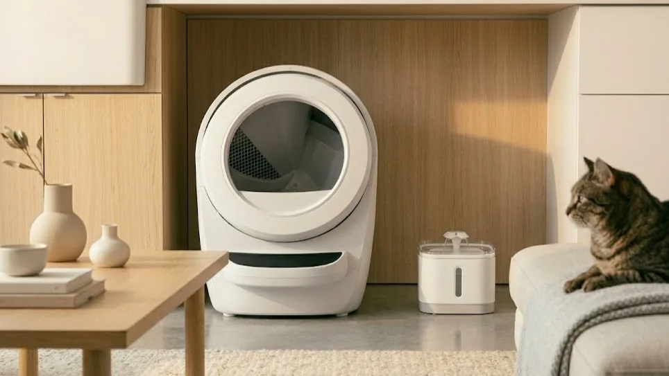 Automatic litter box in modern home setup for multiple cats